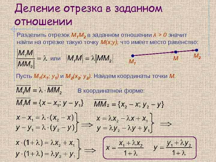 Деление отрезка в заданном отношении Разделить отрезок М 1 М 2 в заданном отношении