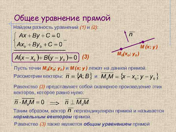 Общее уравнение прямой Найдем разность уравнений (1) и (2): М (х; у ) М