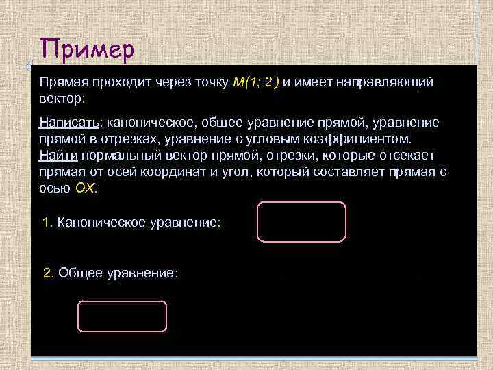 Пример Прямая проходит через точку М(1; 2 ) и имеет направляющий вектор: Написать: каноническое,