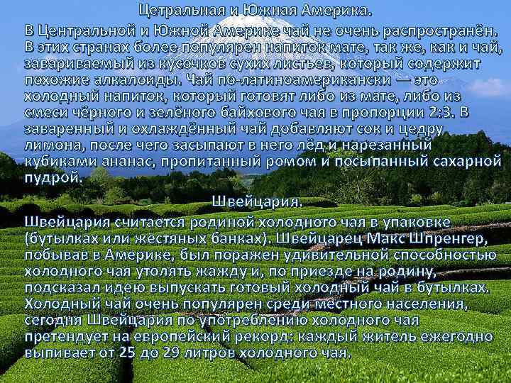 Цетральная и Южная Америка. В Центральной и Южной Америке чай не очень распространён. В