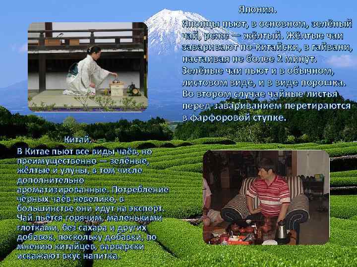  Япония. Японцы пьют, в основном, зелёный чай, реже — жёлтый. Жёлтые чаи заваривают