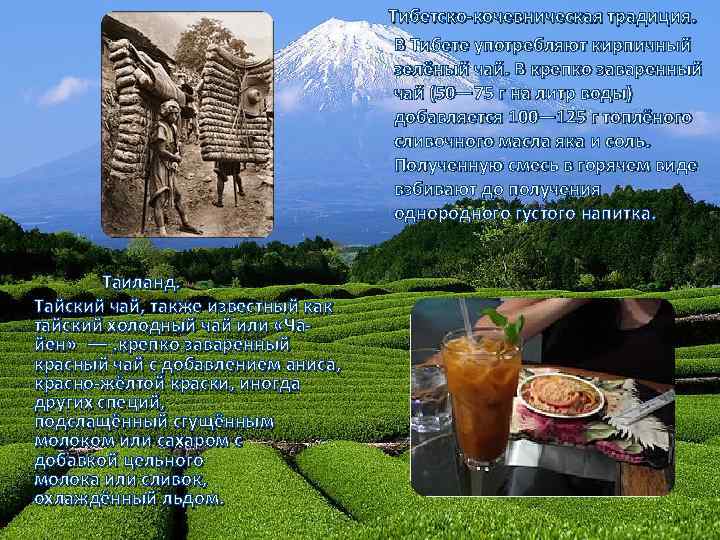 Тибетско-кочевническая традиция. В Тибете употребляют кирпичный зелёный чай. В крепко заваренный чай (50— 75