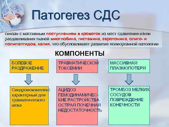 Патогегез СДС связан с массивным поступлением в кровоток из мест сдавления и/или раздавливания тканей