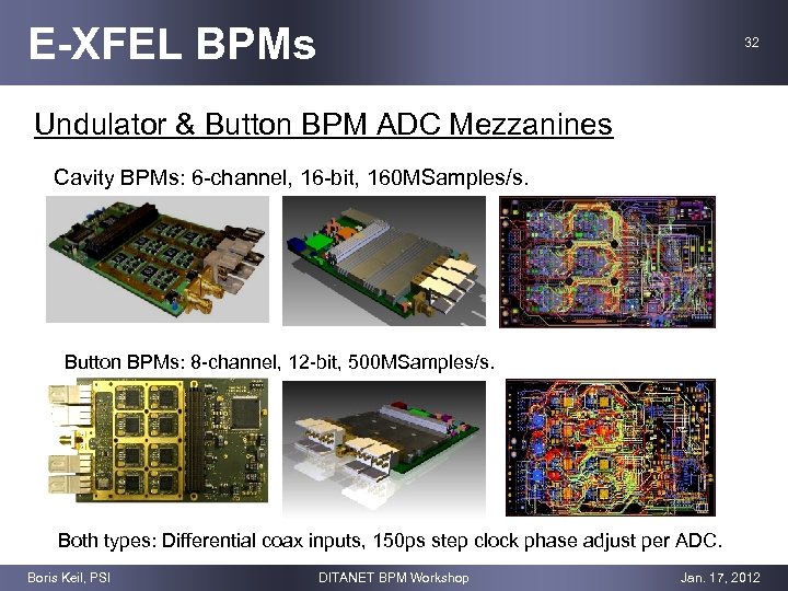 E-XFEL BPMs 32 Undulator & Button BPM ADC Mezzanines Cavity BPMs: 6 -channel, 16