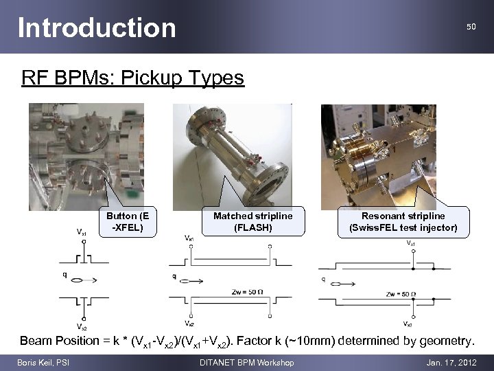 Introduction 50 RF BPMs: Pickup Types Button (E -XFEL) Matched stripline (FLASH) Resonant stripline