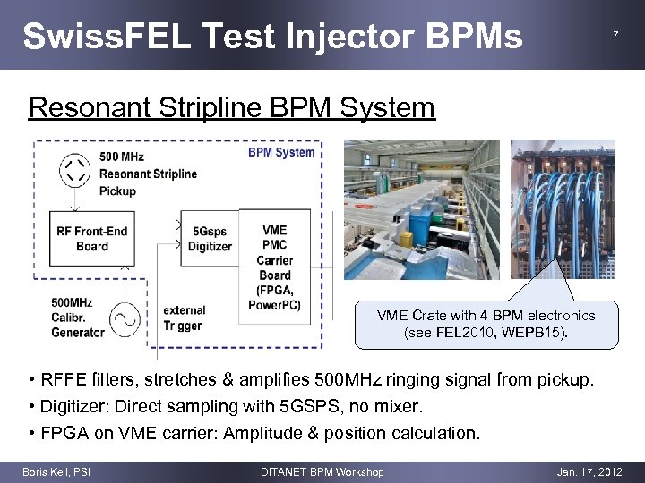 Swiss. FEL Test Injector BPMs 7 Resonant Stripline BPM System VME Crate with 4