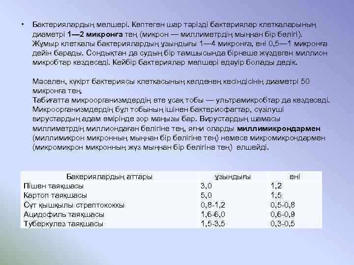  • Бактериялардың мөлшері. Көптеген шар тәрізді бактериялар клеткаларының диаметрі 1— 2 микронға тең
