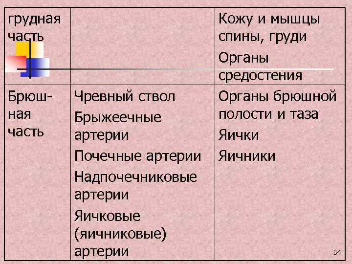 грудная часть Брюшная часть Чревный ствол Брыжеечные артерии Почечные артерии Надпочечниковые артерии Яичковые (яичниковые)