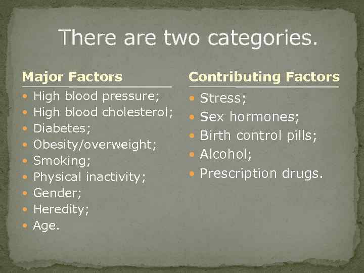 There are two categories. Major Factors Contributing Factors High blood pressure; Stress; High blood