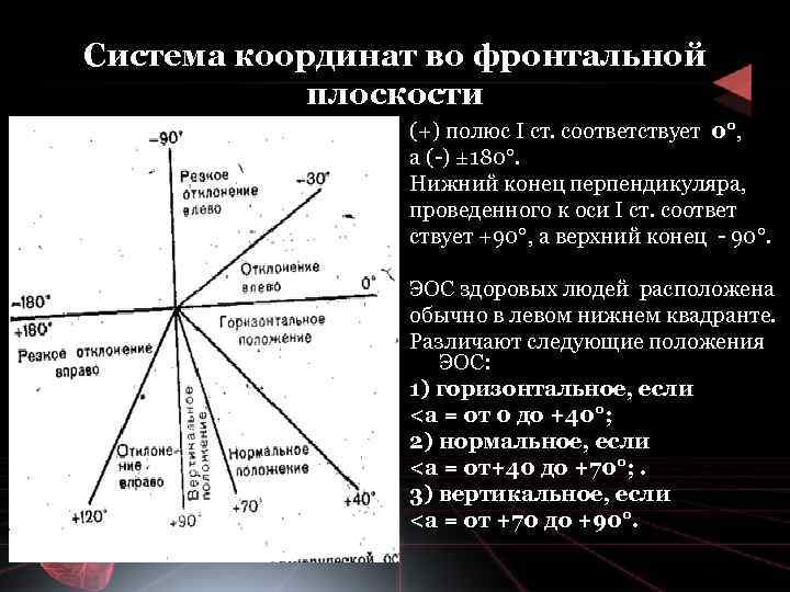 Система координат во фронтальной плоскости (+) полюс I ст. соответствует 0°, а ( )