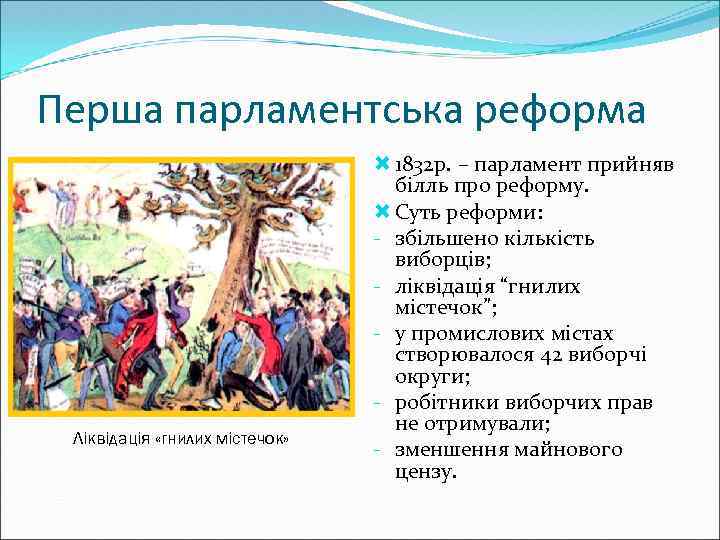 Перша парламентська реформа Ліквідація «гнилих містечок» 1832 р. – парламент прийняв білль про реформу.