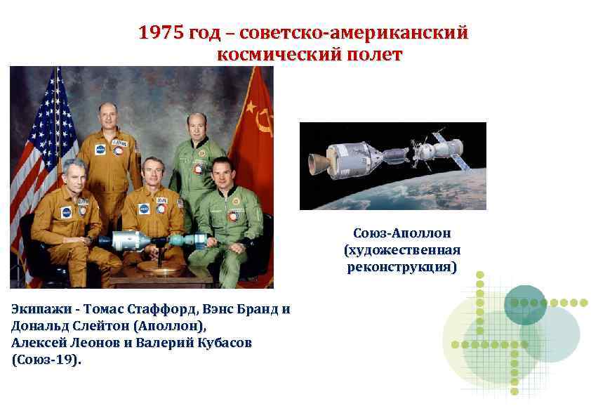 1975 год – советско-американский космический полет Союз-Аполлон (художественная реконструкция) Экипажи - Томас Стаффорд, Вэнс