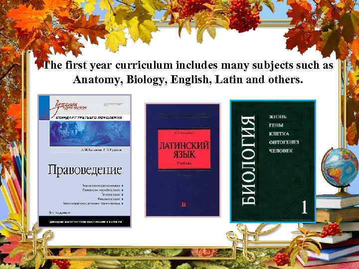 The first year curriculum includes many subjects such as Anatomy, Biology, English, Latin and