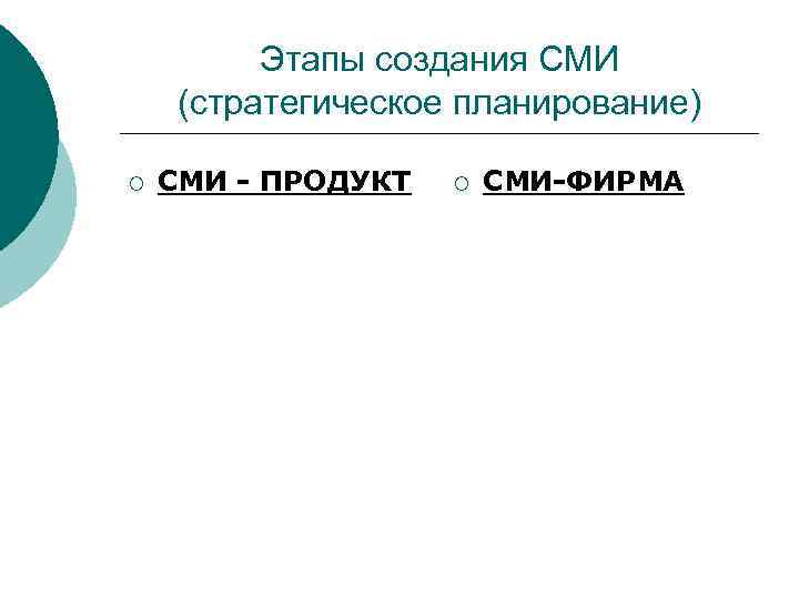 Этапы создания СМИ (стратегическое планирование) ¡ СМИ - ПРОДУКТ ¡ СМИ-ФИРМА 