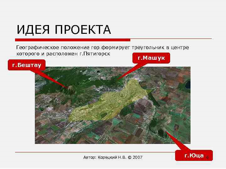 ИДЕЯ ПРОЕКТА Географическое положение гор формирует треугольник в центре которого и расположен г. Пятигорск