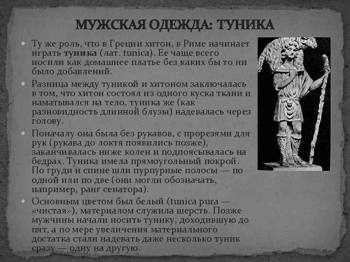 МУЖСКАЯ ОДЕЖДА: ТУНИКА Ту же роль, что в Греции хитон, в Риме начинает играть