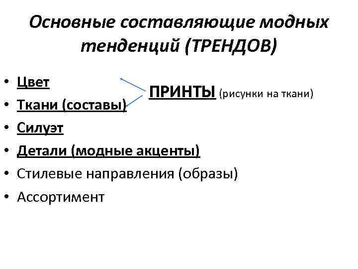 Основные составляющие модных тенденций (ТРЕНДОВ) • • • Цвет ПРИНТЫ (рисунки на ткани) Ткани