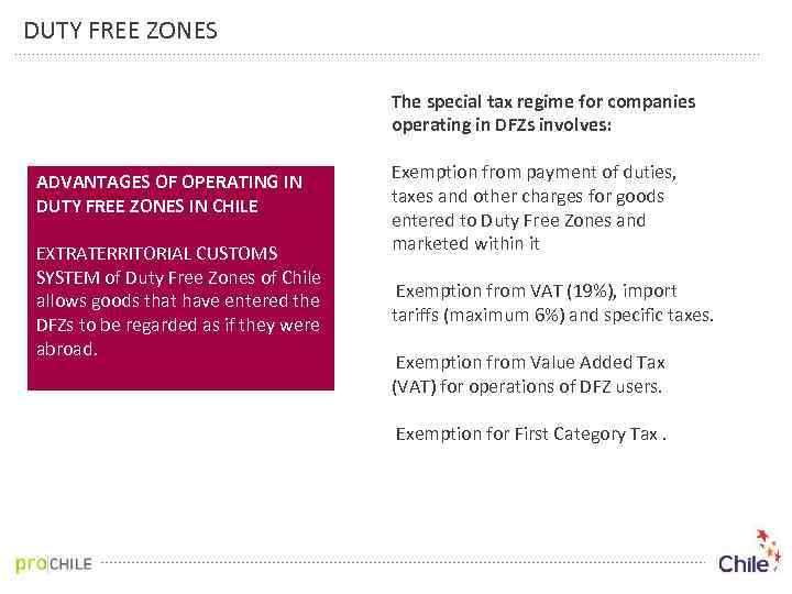 DUTY FREE ZONES The special tax regime for companies operating in DFZs involves: ADVANTAGES