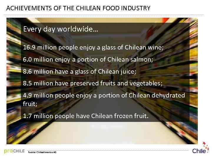 ACHIEVEMENTS OF THE CHILEAN FOOD INDUSTRY Every day worldwide… 16. 9 million people enjoy