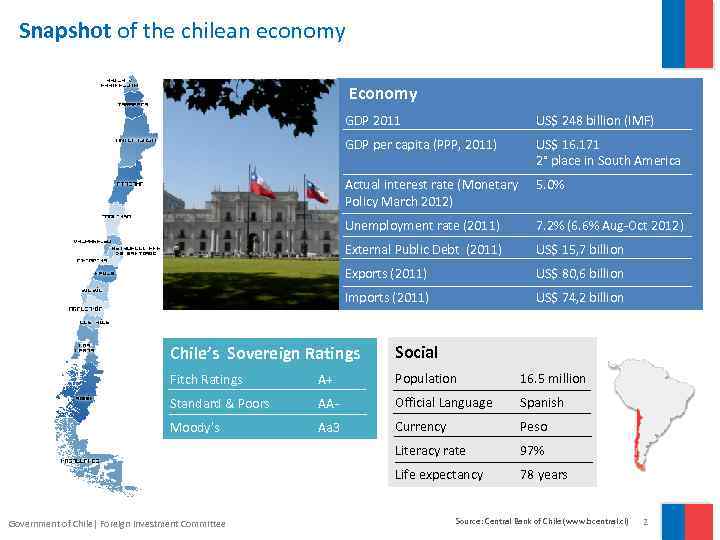 Snapshot of the chilean economy Economy GDP 2011 US$ 248 billion (IMF) GDP per