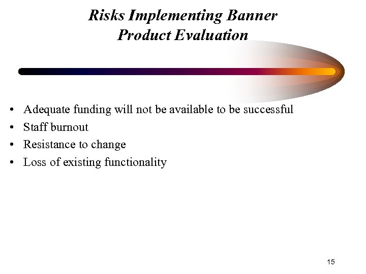 Risks Implementing Banner Product Evaluation • • Adequate funding will not be available to