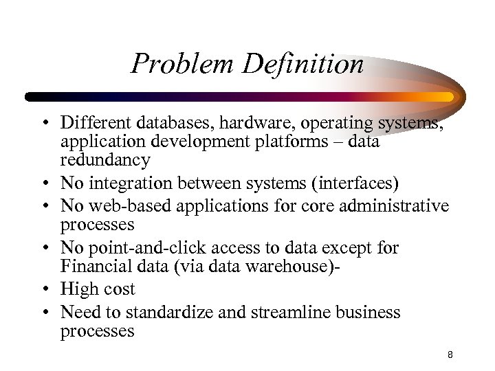 Problem Definition • Different databases, hardware, operating systems, application development platforms – data redundancy