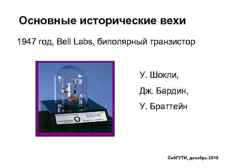 Основные исторические вехи 1947 год, Bell Labs, биполярный транзистор У. Шокли, Дж. Бардин, У.