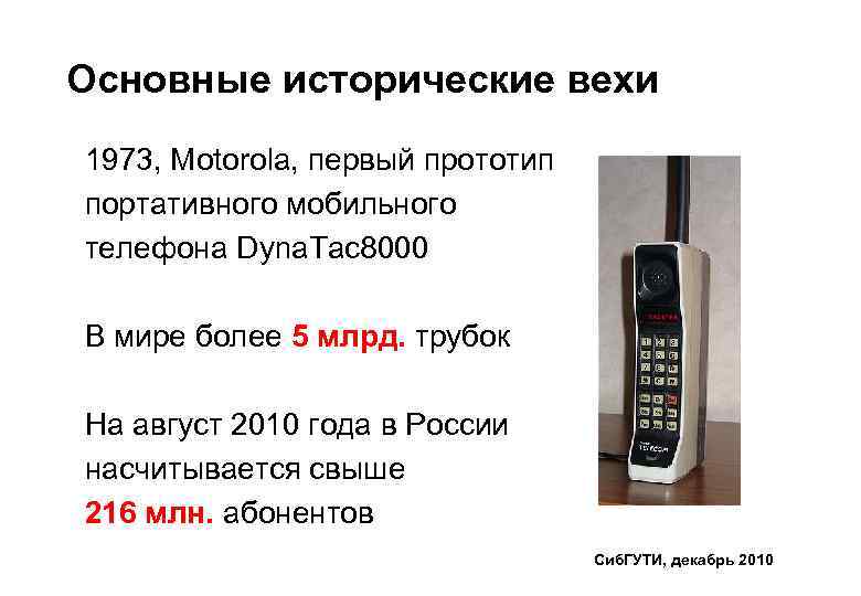Основные исторические вехи 1973, Motorola, первый прототип портативного мобильного телефона Dyna. Tac 8000 В