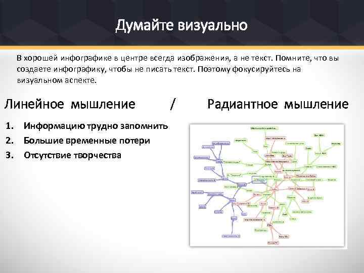 Думайте визуально В хорошей инфографике в центре всегда изображения, а не текст. Помните, что