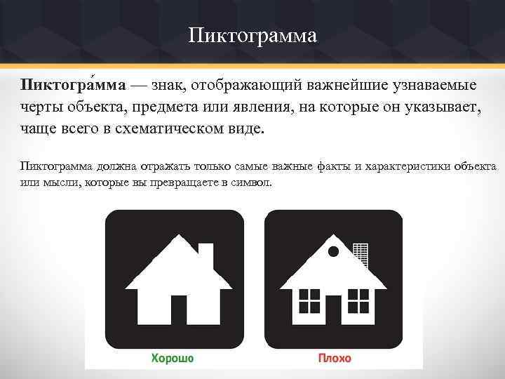 Пиктограмма Пиктогра мма — знак, отображающий важнейшие узнаваемые черты объекта, предмета или явления, на