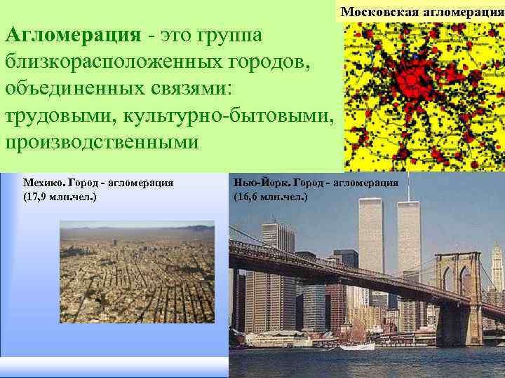 Московская агломерация Агломерация - это группа близкорасположенных городов, объединенных связями: трудовыми, культурно-бытовыми, производственными Мехико.