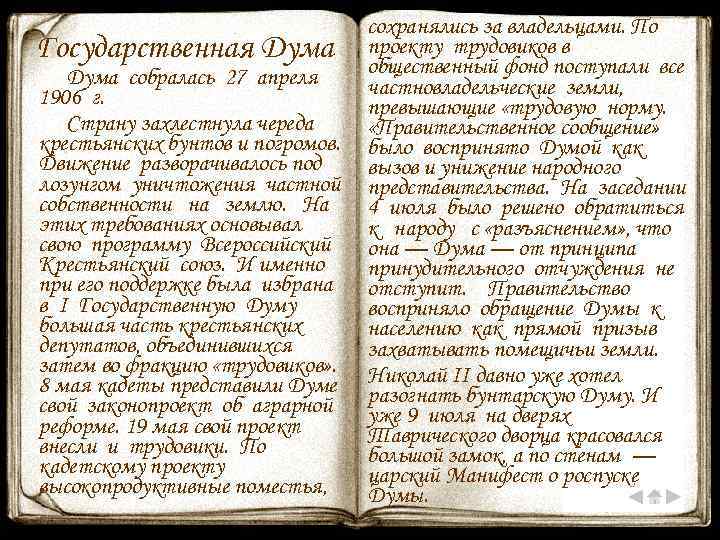 Государственная Дума собралась 27 апреля 1906 г. Страну захлестнула череда крестьянских бунтов и погромов.