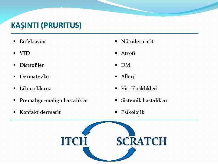 KAŞINTI (PRURITUS) § Enfeksiyon § Nörodermatit § STD § Atrofi § Distrofiler § DM