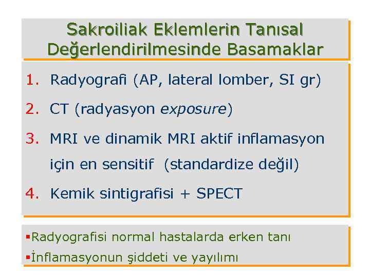 Sakroiliak Eklemlerin Tanısal Değerlendirilmesinde Basamaklar 1. Radyografi (AP, lateral lomber, SI gr) 2. CT