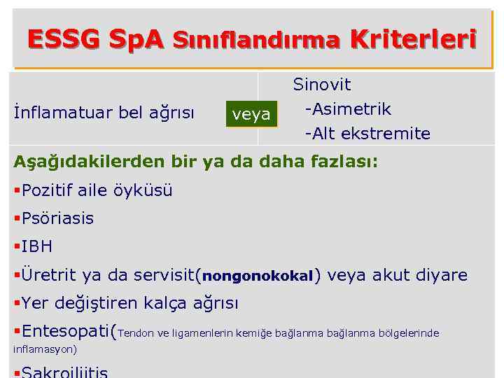 ESSG Sp. A Sınıflandırma Kriterleri İnflamatuar bel ağrısı veya Sinovit -Asimetrik -Alt ekstremite Aşağıdakilerden