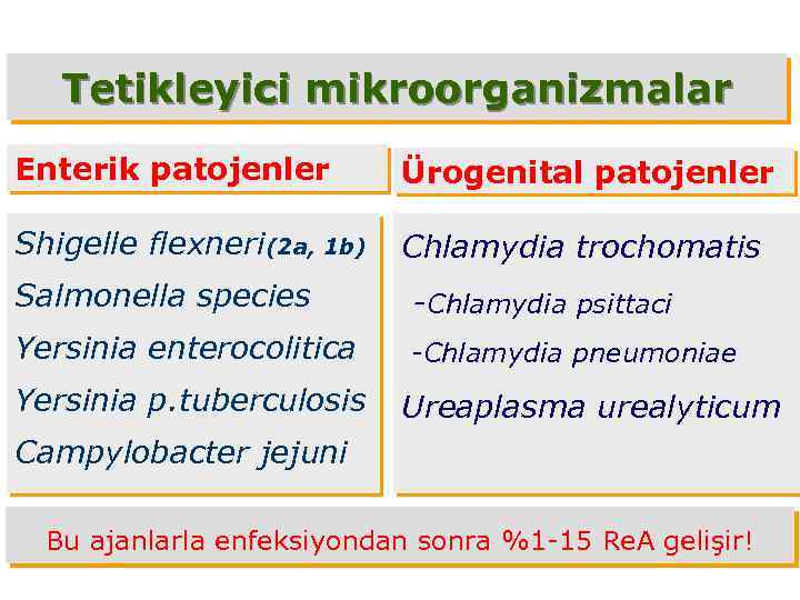 Tetikleyici mikroorganizmalar Enterik patojenler Ürogenital patojenler Shigelle flexneri(2 a, 1 b) Chlamydia trochomatis Salmonella