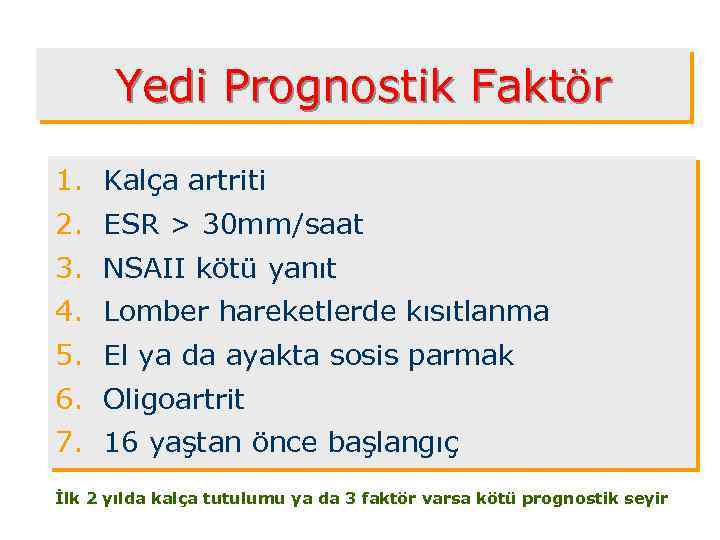 Yedi Prognostik Faktör 1. Kalça artriti 2. ESR > 30 mm/saat 3. NSAII kötü