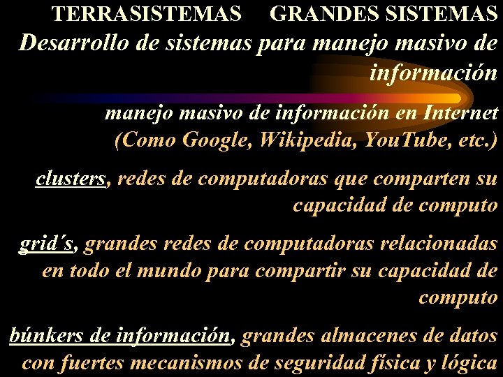 TERRASISTEMAS GRANDES SISTEMAS Desarrollo de sistemas para manejo masivo de información en Internet (Como