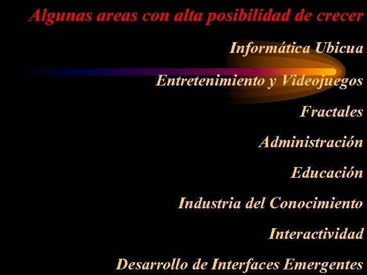 Algunas areas con alta posibilidad de crecer Informática Ubicua Entretenimiento y Videojuegos Fractales Administración