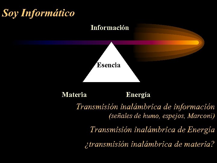 Soy Informático Información Esencia Materia Energía Transmisión inalámbrica de información (señales de humo, espejos,