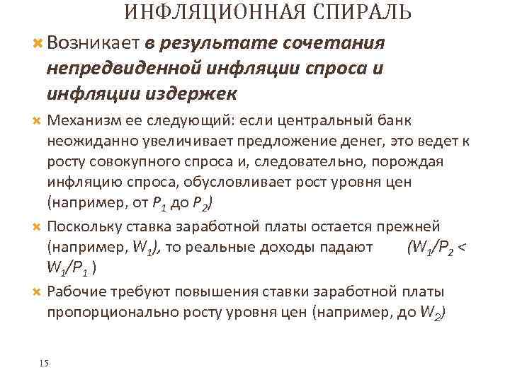 ИНФЛЯЦИОННАЯ СПИРАЛЬ Возникает в результате сочетания непредвиденной инфляции спроса и инфляции издержек Механизм ее