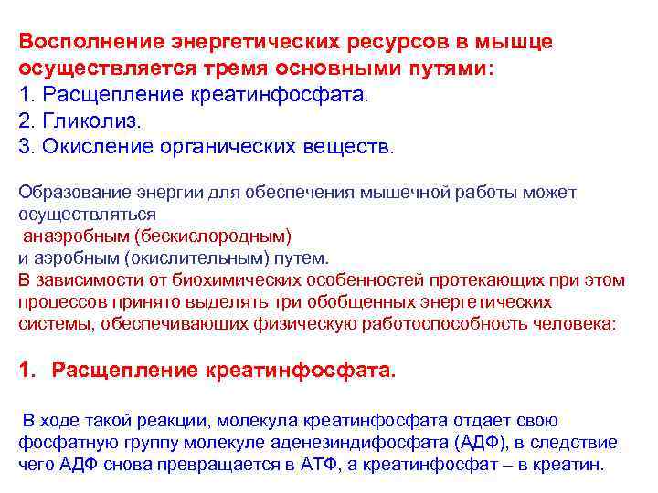 Восполнение энергетических ресурсов в мышце осуществляется тремя основными путями: 1. Расщепление креатинфосфата. 2. Гликолиз.