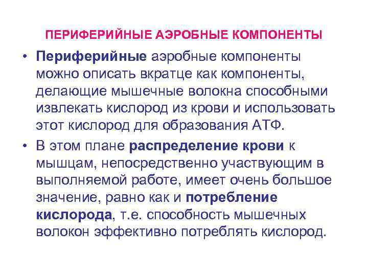 ПЕРИФЕРИЙНЫЕ АЭРОБНЫЕ КОМПОНЕНТЫ • Периферийные аэробные компоненты можно описать вкратце как компоненты, делающие мышечные
