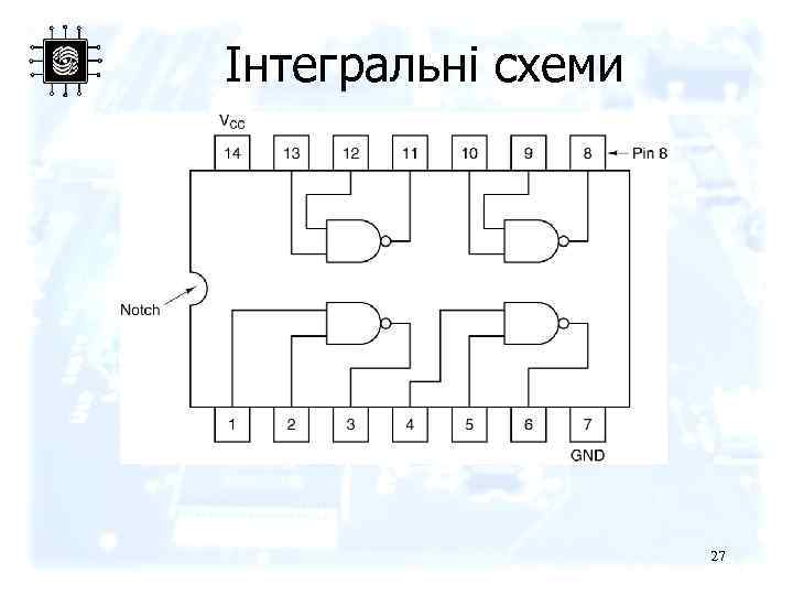 Інтегральні схеми An SSI chip containing four gates. 27 