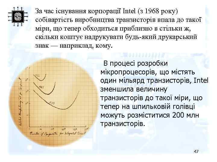 За час існування корпорації Intel (з 1968 року) собівартість виробництва транзисторів впала до такої