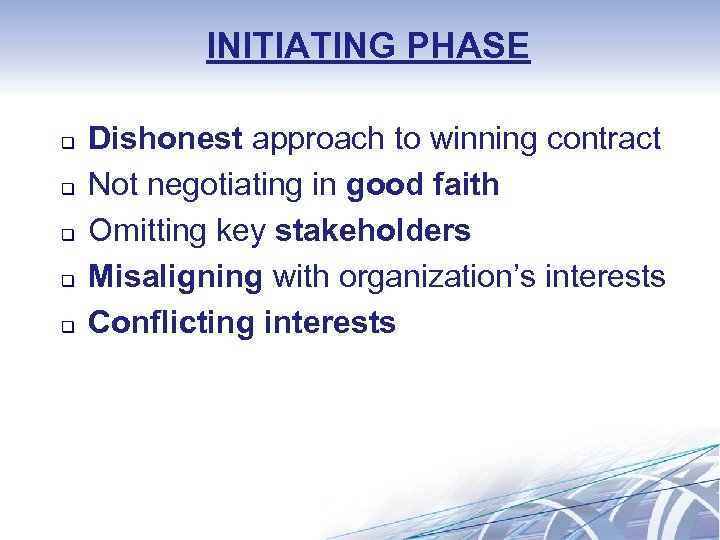 INITIATING PHASE q q q Dishonest approach to winning contract Not negotiating in good