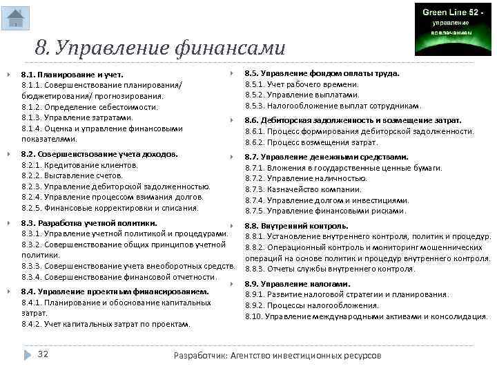 8. Управление финансами 8. 1. Планирование и учет. 8. 1. 1. Совершенствование планирования/ бюджетирования/