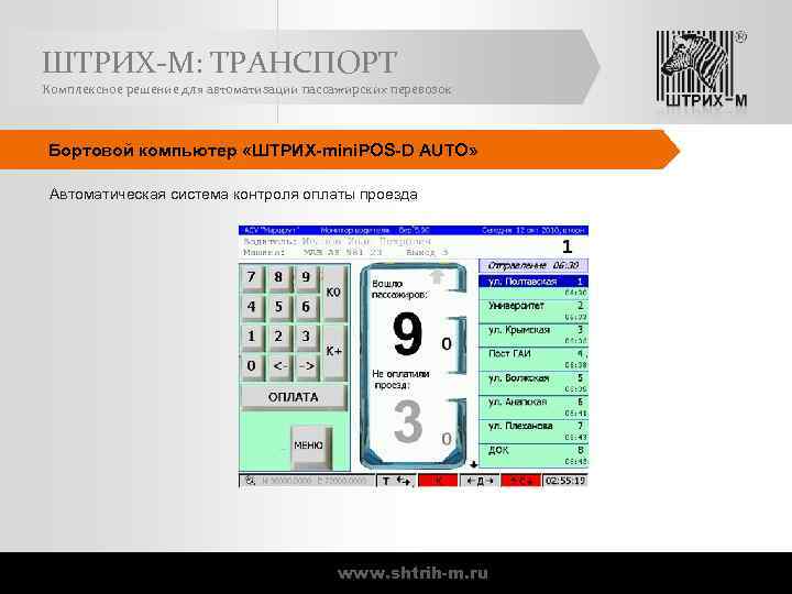 ШТРИХ-М: ТРАНСПОРТ Комплексное решение для автоматизации пассажирских перевозок Бортовой компьютер «ШТРИХ-mini. POS-D AUTO» Автоматическая