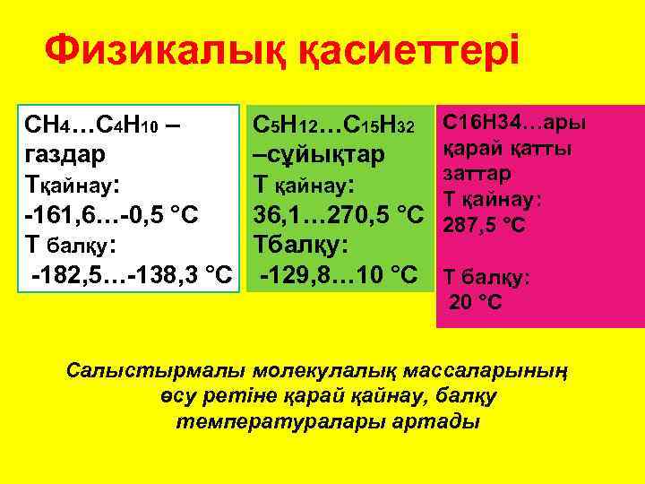 Физикалық қасиеттері СН 4…C 4 Н 10 – газдар Tқайнау: -161, 6…-0, 5 °C