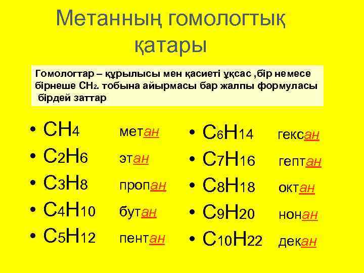 Метанның гомологтық қатары Гомологтар – құрылысы мен қасиеті ұқсас , бір немесе бірнеше СH